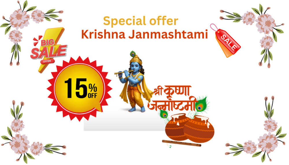Promotional banner for Krishna Janmashtami sale with 15% off offer, flowers, and traditional elements.
use code- KRISHNA15