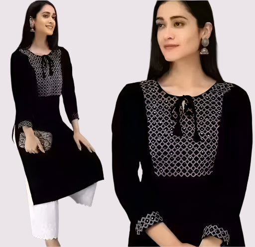 Elegant Embroidered Rayon Kurti with 3/4 Sleeves – Soft & Stylish Daily Wear