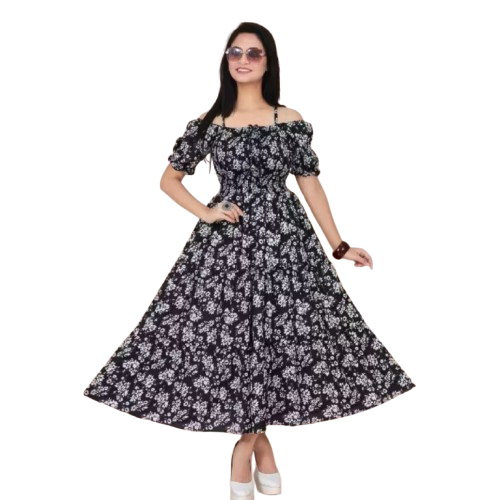 Elegant Off-Shoulder Fit & Flare Dress with Square Neck