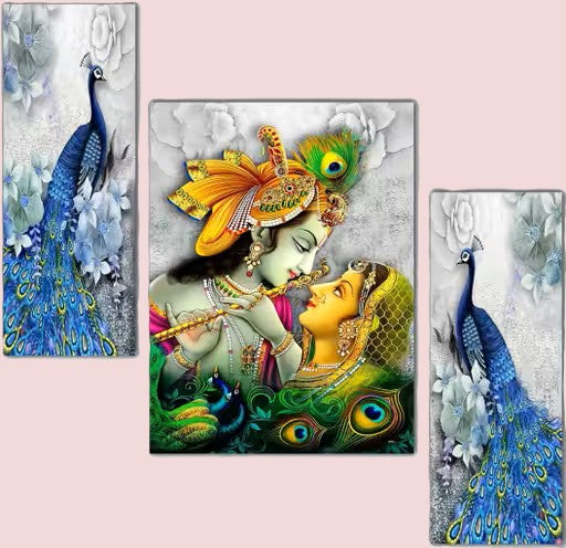 WALLMAX Radha Krishna UV Textured Paintings – Set of 3 Acrylic Wooden Wall Art (12 x 18 Inch Each)