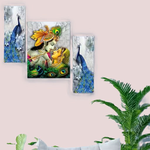 WALLMAX Radha Krishna UV Textured Paintings – Set of 3 Acrylic Wooden Wall Art (12 x 18 Inch Each)