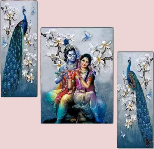 WALLMAX Radha Krishna UV Textured Multi-Effect Paintings – Set of 3 Wooden Acrylic Wall Art (12 x 18 Inch Each)