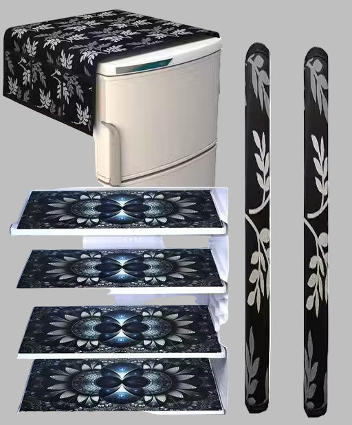 Fridge Top Cover Set – 7 Pieces | Black | 6 Pockets, Handle Covers & Multipurpose Mats