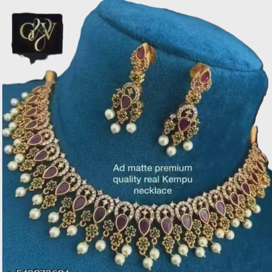 Designer Gold-Plated Necklace with AD Stones & Matching Earrings